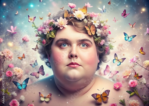 whimsical pastelpink tinged portraitoffatperson surrounded by fluttering butterflies and delicate flowers with shallow focuson sparkling eyes photo