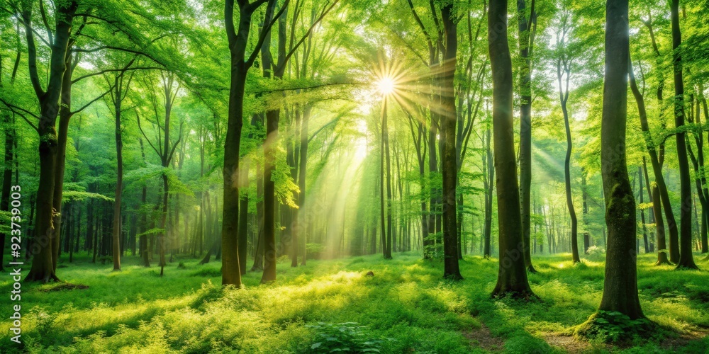 Fototapeta premium A blurred natural background featuring a lush green forest with sunlight filtering through the trees, nature, forest