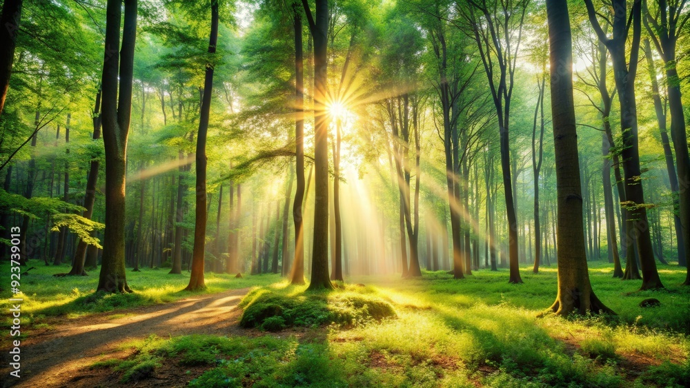 Fototapeta premium A peaceful forest background with sunlight filtering through the trees , nature, serene, tranquil, woods, trees, green