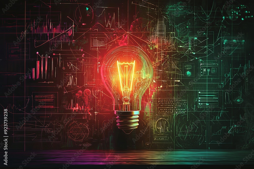 glowing bulb,surrounded by a wall covered in detailed, hand-drawn sketches and diagrams showcasing various creative glowing bulb,surrounded by a wall covered in detailed, hand-drawn sketches and diagrams showcasing various creative
