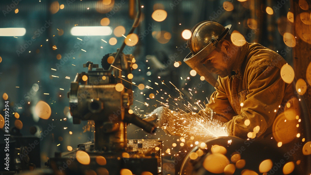 Worker in Heavy Industry Factory Grinding Metal Components, Detailed Machinery and Tools with Bright Sparks Illuminating the Scene Worker in Heavy Industry Factory Grinding Metal Components, Detailed Machinery and Tools with Bright Sparks Illuminating the Scene