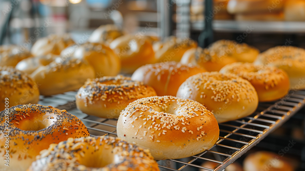 Golden Sesame Bagels: Freshly baked, golden sesame bagels cooling on a wire rack. A perfect image for a bakery, cafe, or breakfast setting. Golden Sesame Bagels: Freshly baked, golden sesame bagels cooling on a wire rack. A perfect image for a bakery, cafe, or breakfast setting.
