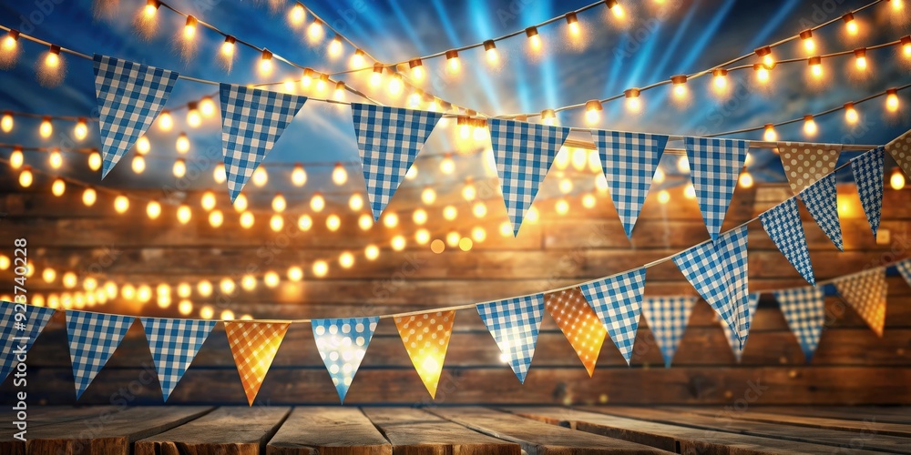 Fototapeta premium Festive scene with bunting and string lights at Oktoberfest festival , Oktoberfest, festival, celebration, party