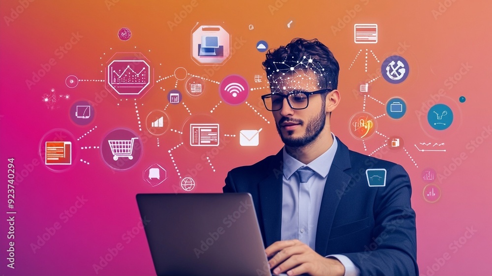 Futuristic businessman navigating digital landscape: suit-clad professional with laptop surrounded by floating icons, symbolizing interconnected tech world. Futuristic businessman navigating digital landscape: suit-clad professional with laptop surrounded by floating icons, symbolizing interconnected tech world.