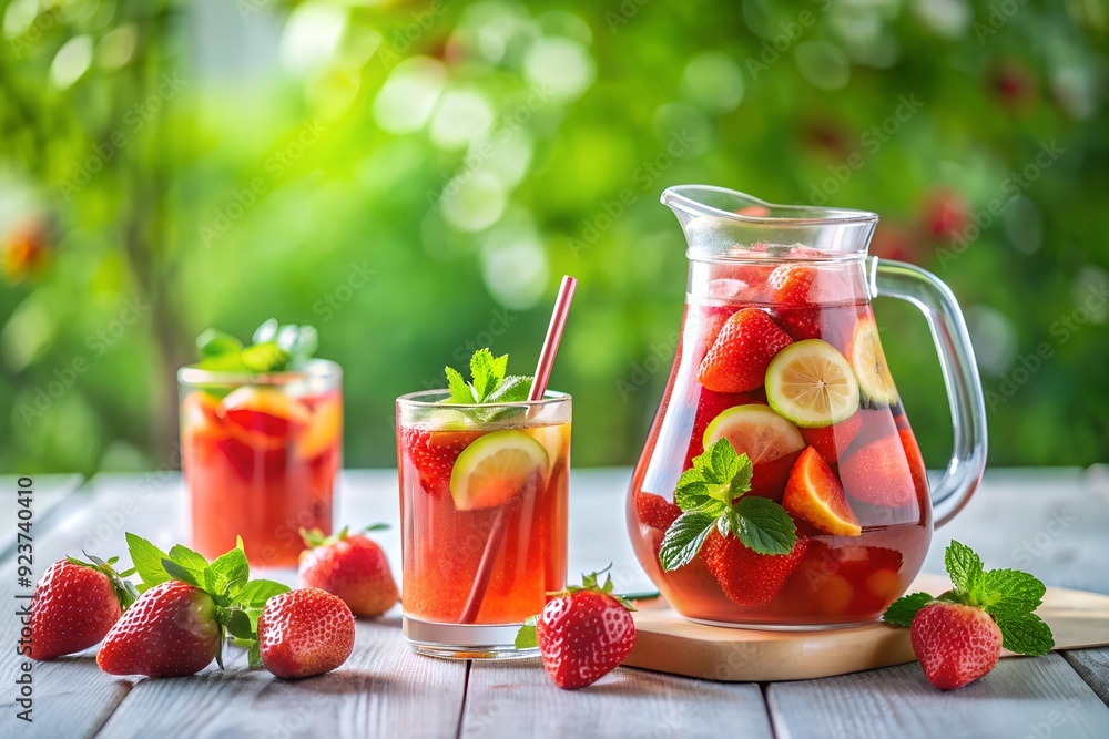 Tasty strawberry lemonade in jug and glasses on white table against blurred green background. Space for text Tasty strawberry lemonade in jug and glasses on white table against blurred green background. Space for text