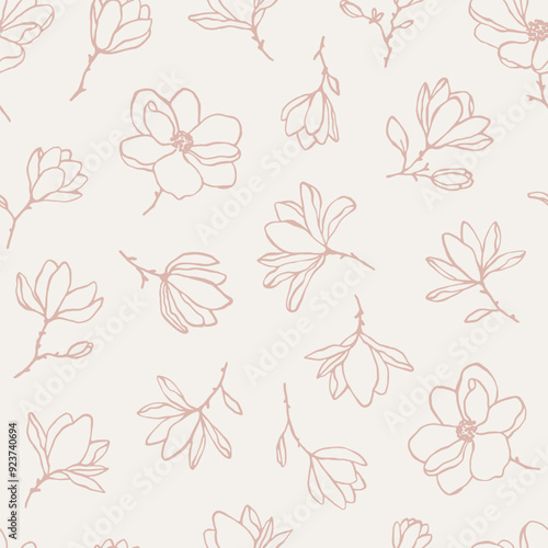 Hand drawn vector seamless pattern with magnolia flowers in pastel colors. Line art elegant botanical endless background for prints, wrapping paper, textile. Charming linear floral pattern photo