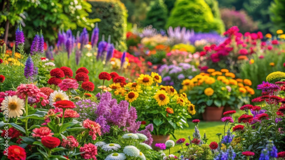 Photographic scenery of a vibrant garden with an array of colorful flowers in the background , garden, flowers, nature Photographic scenery of a vibrant garden with an array of colorful flowers in the background , garden, flowers, nature