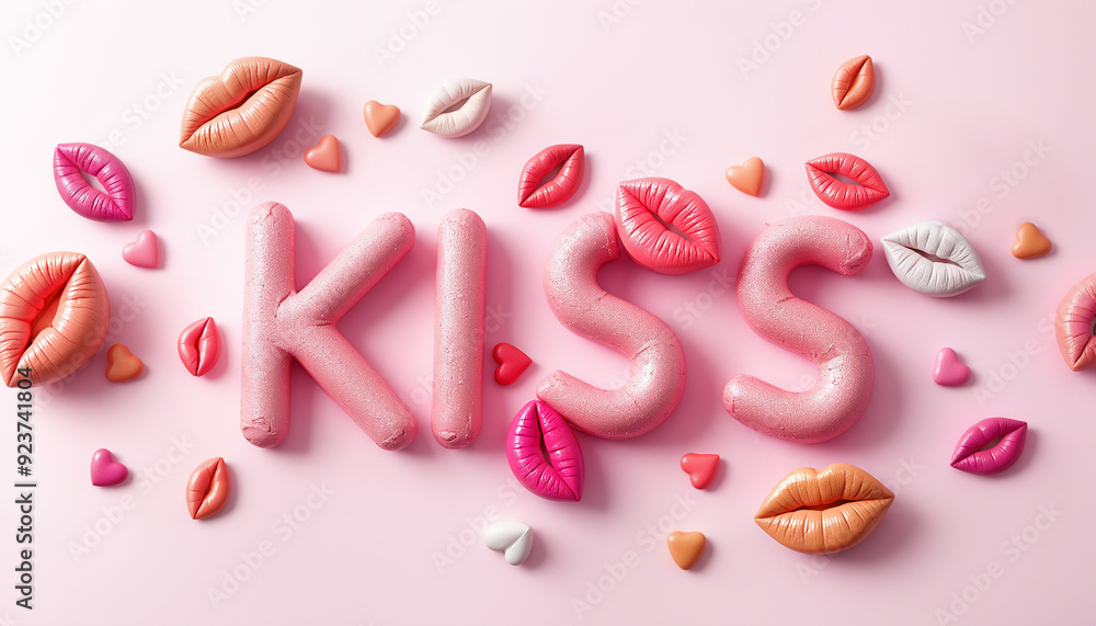 Kiss and Lipsticks: Pink background with the word Kiss surrounded by colorful lipsticks and heart-shaped objects. Kiss and Lipsticks: Pink background with the word Kiss surrounded by colorful lipsticks and heart-shaped objects.