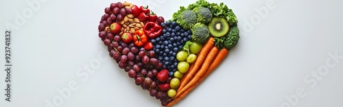 Heart-shaped arrangement of healthy foods, colorful fruits, and leafy greens