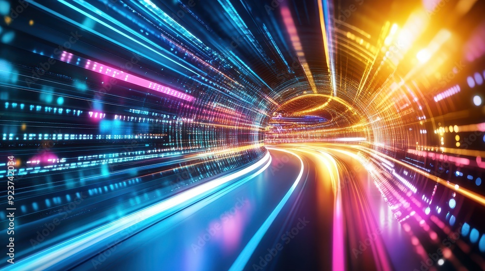 Abstract tunnel background, digital innovation convergence, vibrant ...