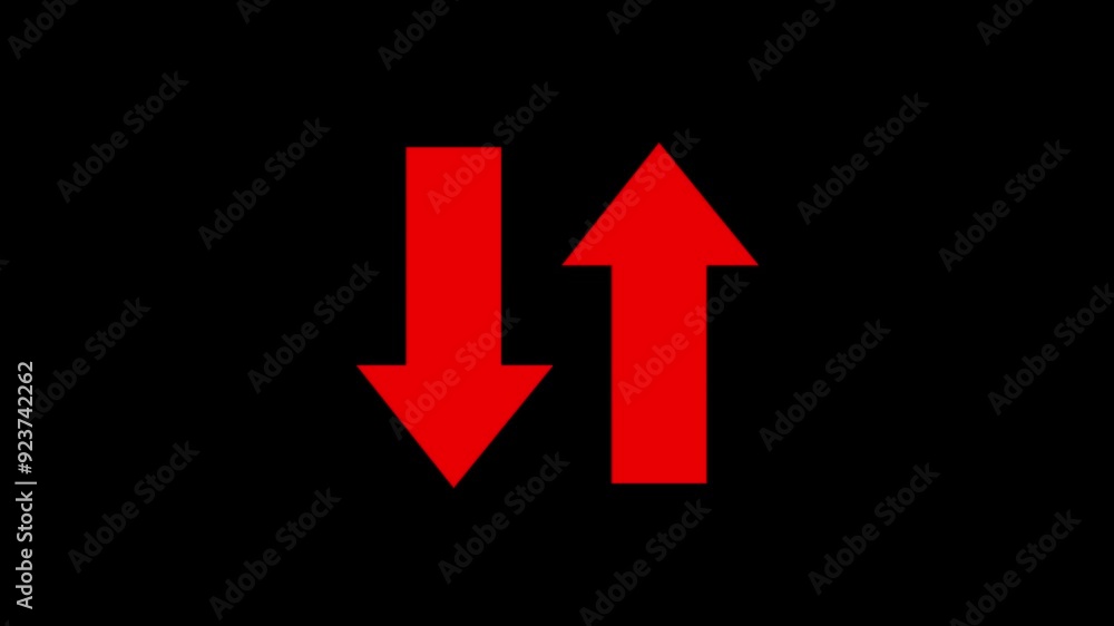 Up and down swipe directional traffic arrow sign of red arrows. Up and down pointing solid animated video. Up and down swipe directional traffic arrow sign of red arrows. Up and down pointing solid animated video.