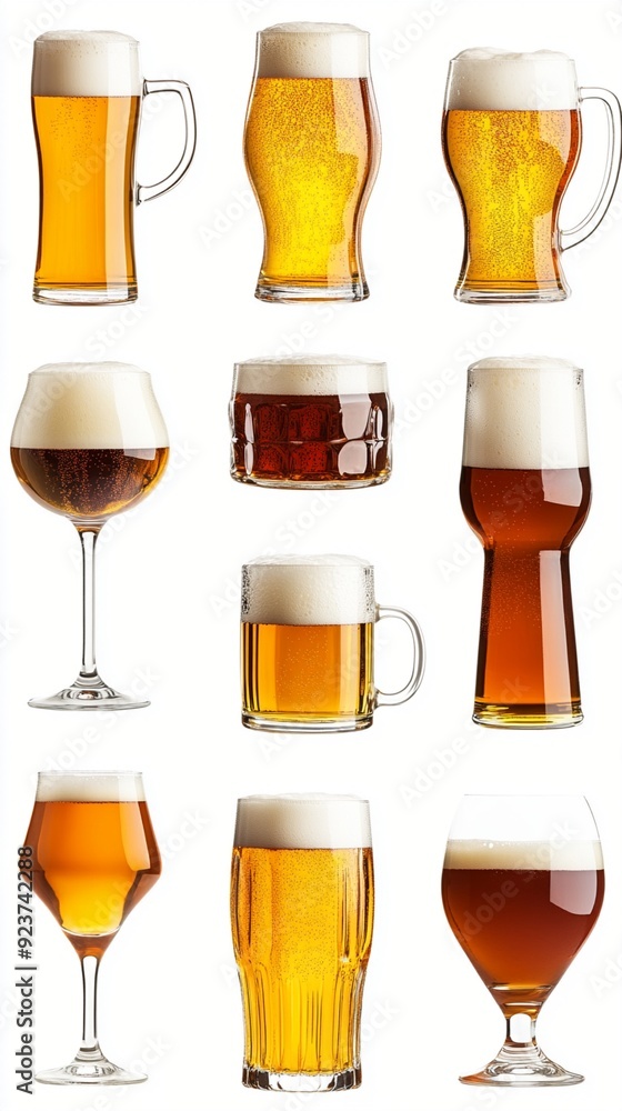 A diverse array of beer glasses showcasing various styles and colors, from light golden lagers to rich dark ales, highlighting the artistry of craft brewing. A diverse array of beer glasses showcasing various styles and colors, from light golden lagers to rich dark ales, highlighting the artistry of craft brewing.
