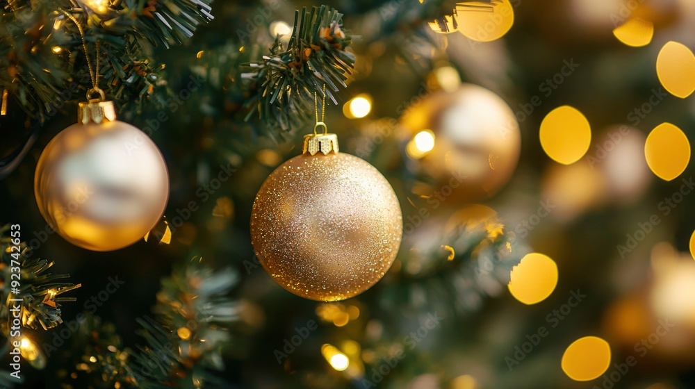 Golden Christmas Ornaments Hanging on a Christmas Tree with Blurry Lights Golden Christmas Ornaments Hanging on a Christmas Tree with Blurry Lights