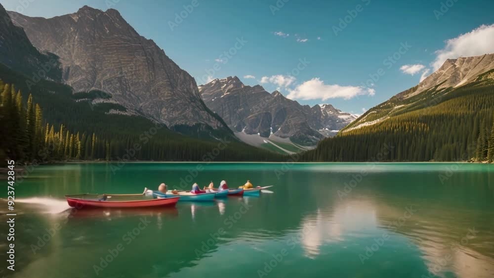 A stunning view of Emerald Lake during summer showcases a vibrant blue lake where individuals are canoeing, all framed by a majestic mountain range under a clear blue sky, perfectly encapsulating a ho A stunning view of Emerald Lake during summer showcases a vibrant blue lake where individuals are canoeing, all framed by a majestic mountain range under a clear blue sky, perfectly encapsulating a ho