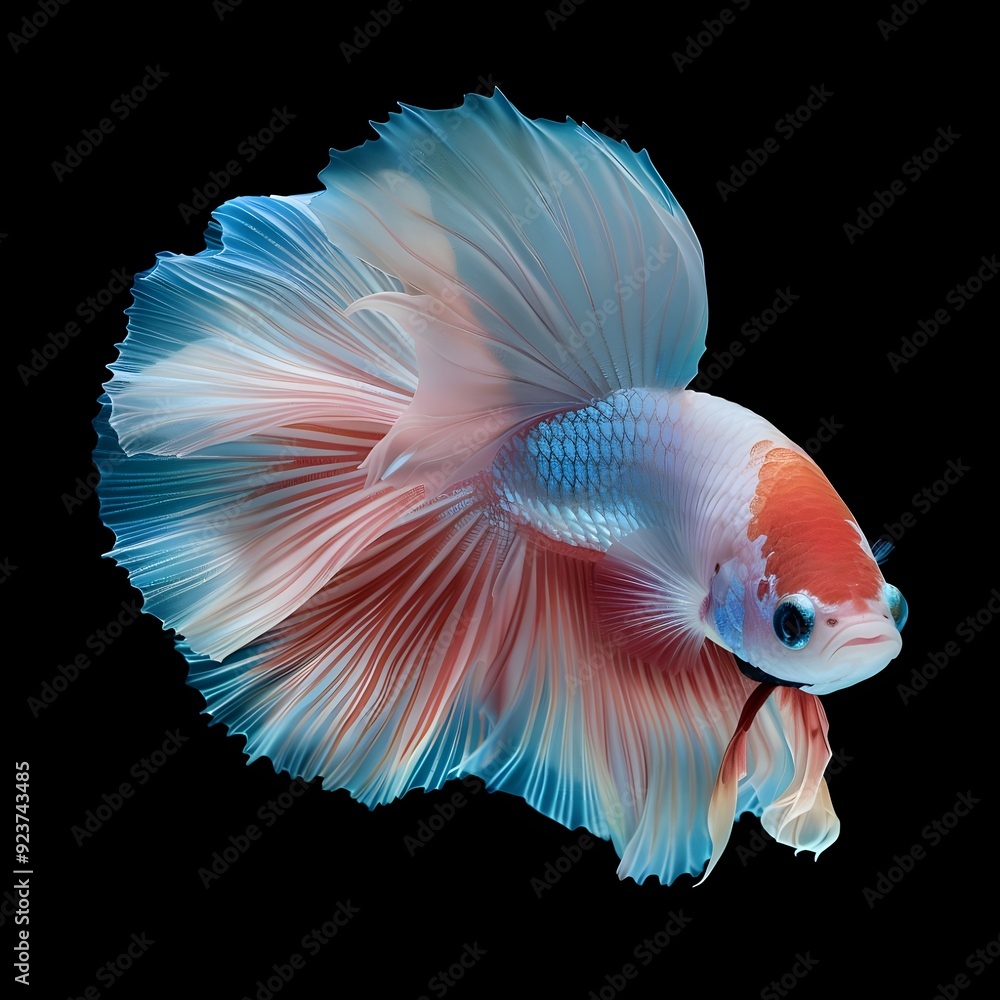 Fototapeta premium Siamese Fighting Fish: Red and Blue Finned Betta Fish with Flowing Fins on Black Background 