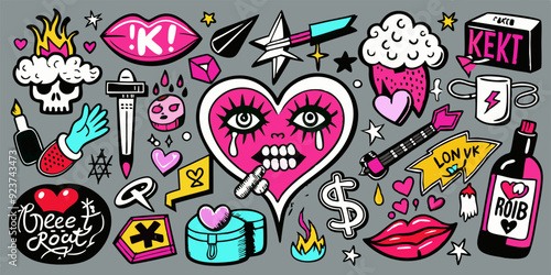 Doodle love grunge rock set, vector graffiti groovy punk heart print kit, emo gothic hand drawn sign. Marker scribble sticker, crayon wax paint collage icon, lips. Romantic Valentine Day heart doodle