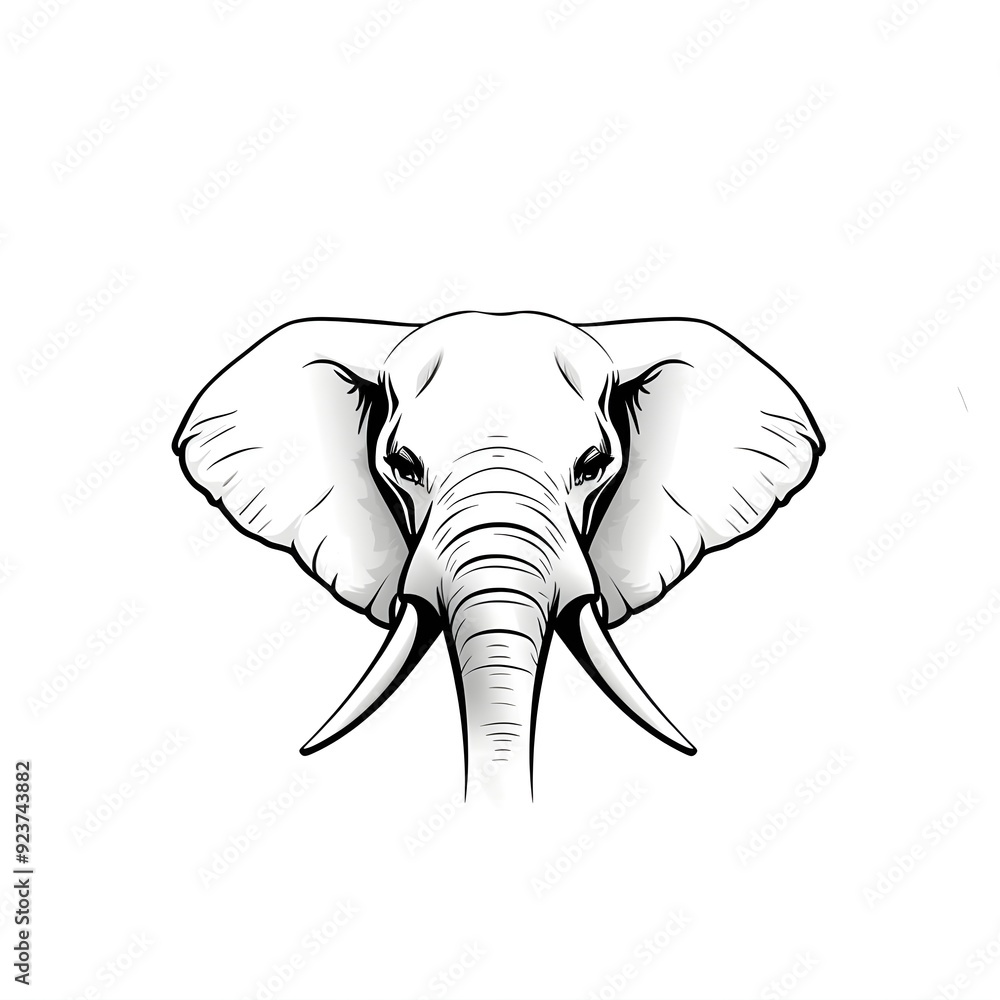 Fototapeta premium Elephant Portrait: The Majestic Gaze: A striking black and white illustration of an elephant's head, capturing its wisdom, strength, and serene presence. 