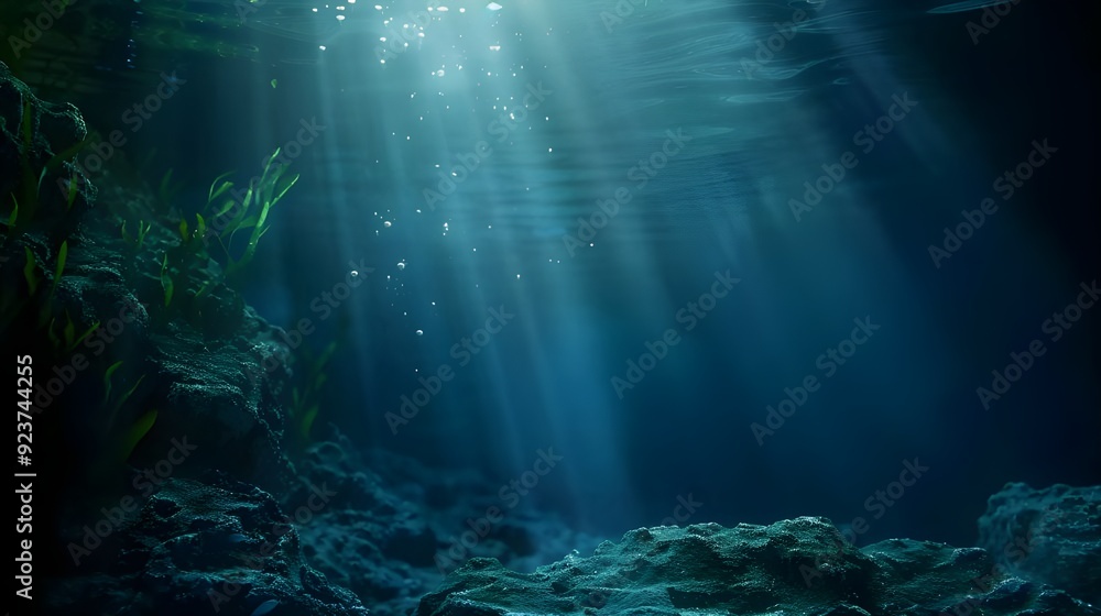 Sunbeams Through Deep Blue: A mesmerizing underwater scene reveals a sunbeam piercing through the deep blue ocean, illuminating a mysterious underwater landscape with a magical glow. Sunbeams Through Deep Blue: A mesmerizing underwater scene reveals a sunbeam piercing through the deep blue ocean, illuminating a mysterious underwater landscape with a magical glow.