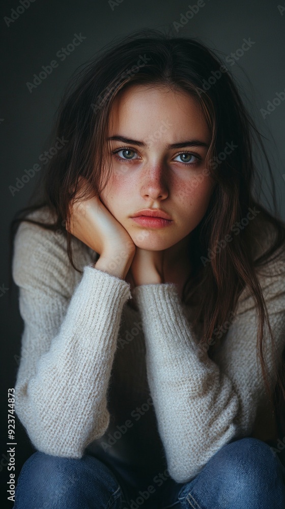 Pensive young woman with striking blue eyes and long dark hair, wearing a cozy white sweater, rests her chin on her hand against a dark background. Pensive young woman with striking blue eyes and long dark hair, wearing a cozy white sweater, rests her chin on her hand against a dark background.