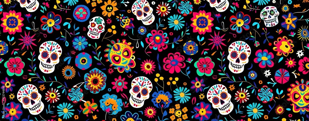 Day of the Dead Pattern Design with Skulls and Flowers in Vibrant Colors on Grey Background, Seamless Repeating Space for Text or Images Day of the Dead Pattern Design with Skulls and Flowers in Vibrant Colors on Grey Background, Seamless Repeating Space for Text or Images