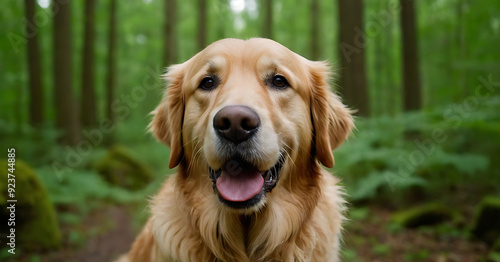 A happy Golden Retriever with its tongue lolling out, stands alert in a sun-dappled forest. Ideal for pet-related articles, websites, or advertisements promoting outdoor activities