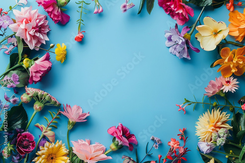 Colorful Floral Border on Blue Background