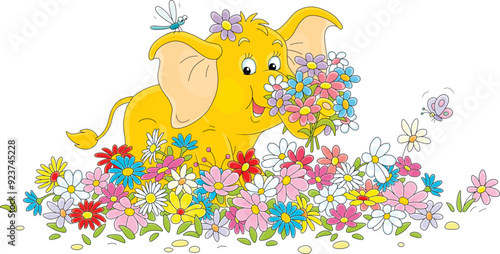 Cute little elephant holding a beautiful bouquet of colorful summer flowers, vector cartoon illustration on a white background