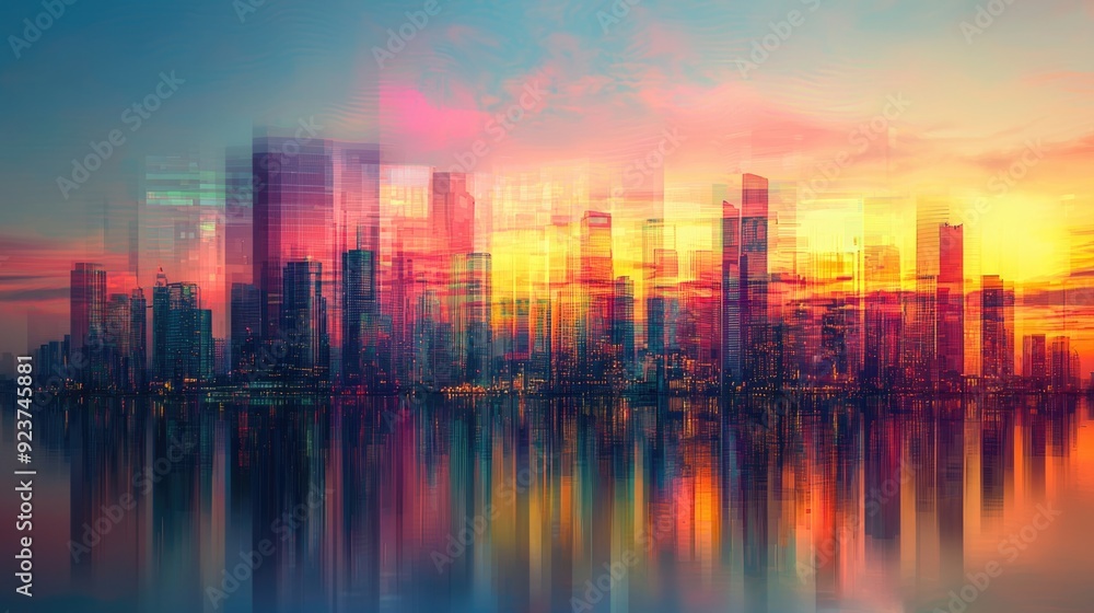 Cityscape Symphony: Abstract Urban Skyline Silhouetted Against Sunset Glow Cityscape Symphony: Abstract Urban Skyline Silhouetted Against Sunset Glow