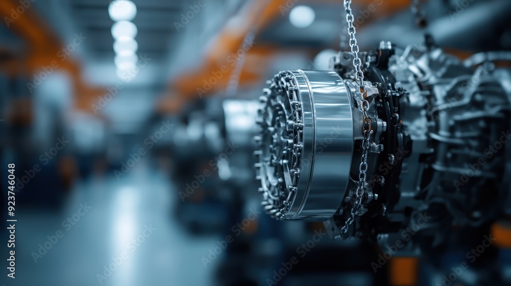A detailed view of a polished mechanical component attached to chains within an industrial environment showcasing intricate engineering and modern technology. A detailed view of a polished mechanical component attached to chains within an industrial environment showcasing intricate engineering and modern technology.