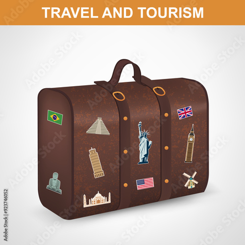 Vintage suitcase with collection of travel labels. Travel and Tourism. Vector illustration