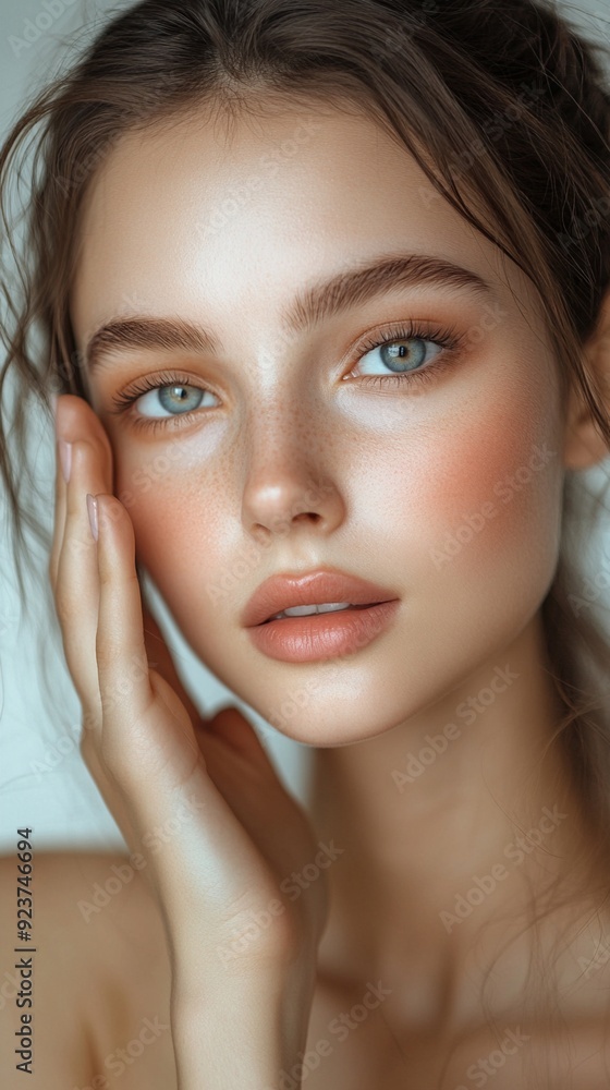 Close-up portrait of a young woman with striking blue eyes, flawless skin, and natural makeup, showcasing a soft, radiant complexion and gentle touch to her face. Close-up portrait of a young woman with striking blue eyes, flawless skin, and natural makeup, showcasing a soft, radiant complexion and gentle touch to her face.