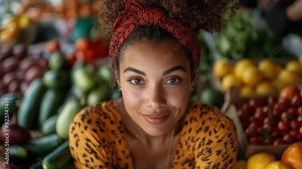 A cheerful woman wearing a bandana smiles warmly while standing in a market full of fresh produce. Her bright expression and the vibrant background create a lively scene. A cheerful woman wearing a bandana smiles warmly while standing in a market full of fresh produce. Her bright expression and the vibrant background create a lively scene.