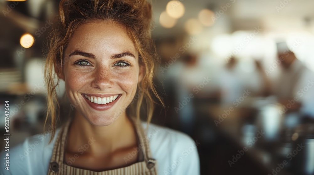 A woman in an apron smiling warmly in a cozy cafe, exuding friendliness and welcoming vibes amidst the warm, inviting setting, capturing the essence of hospitality. A woman in an apron smiling warmly in a cozy cafe, exuding friendliness and welcoming vibes amidst the warm, inviting setting, capturing the essence of hospitality.