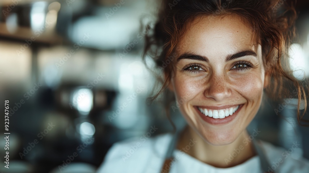 Close-up of a woman in a cafe kitchen wearing an apron, smiling cheerfully, showcasing the vibrant and dynamic environment of the culinary world behind the scenes. Close-up of a woman in a cafe kitchen wearing an apron, smiling cheerfully, showcasing the vibrant and dynamic environment of the culinary world behind the scenes.