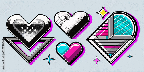 Chrome photocopy heart print set, vector y2k retro futuristic love shapes, cosmic grain halftone kit. Dot texture space sticker, February Valentine stamps, silver grunge noise shape. Heart print art