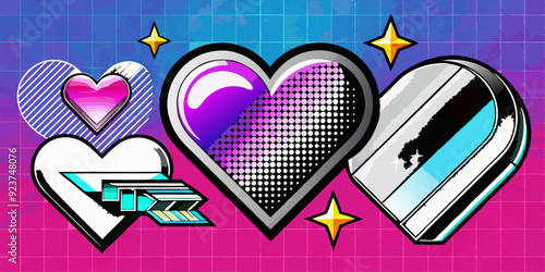Chrome photocopy heart print set, vector y2k retro futuristic love shapes, cosmic grain halftone kit. Dot texture space sticker, February Valentine stamps, silver grunge noise shape. Heart print art