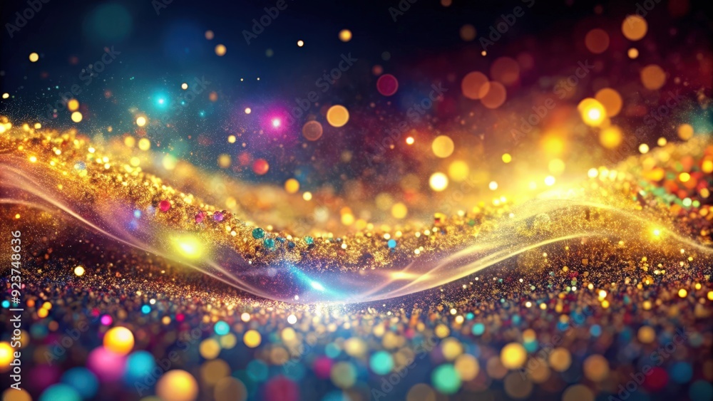 Fototapeta premium Vibrant multicolor magic poly flowing with golden particle and bokeh light effects, vibrant, multicolor, magic
