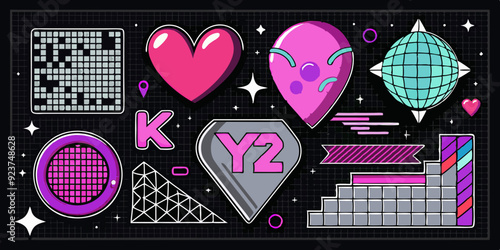 Chrome photocopy heart print set, vector y2k retro futuristic love shapes, cosmic grain halftone kit. Dot texture space sticker, February Valentine stamps, silver grunge noise shape. Heart print art