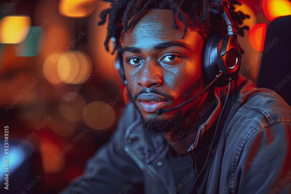 Afro american man works in a call center, sits at a table in front of a work computer, wears headphones Afro american man works in a call center, sits at a table in front of a work computer, wears headphones