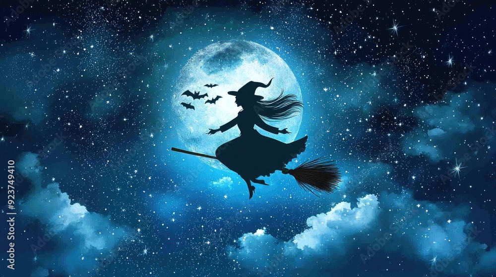 Enchanting Witch Flying on Broomstick Through Moonlit Sky with Twinkling Stars - Halloween Fantasy Concept Enchanting Witch Flying on Broomstick Through Moonlit Sky with Twinkling Stars - Halloween Fantasy Concept