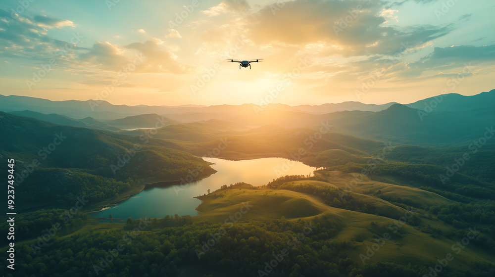 Obraz premium Drone Hovering Over Breathtaking Landscape with Vibrant Nature and Expansive Views