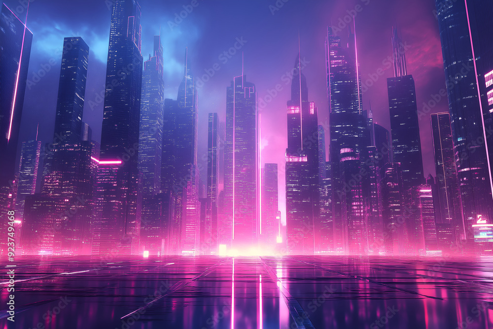 A futuristic cityscape and neon lights. A futuristic cityscape and neon lights.