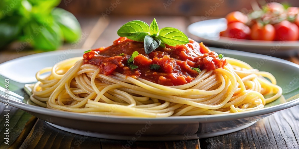 Extreme close-up of a plate of spaghetti with marinara sauce, photorealistic high quality food photography Extreme close-up of a plate of spaghetti with marinara sauce, photorealistic high quality food photography
