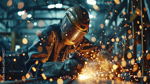 Worker Grinding Metal in Detailed Industrial Workshop with Bright Sparks, Protective Gear, and Heavy Machinery under Intense Dynamic Lighting