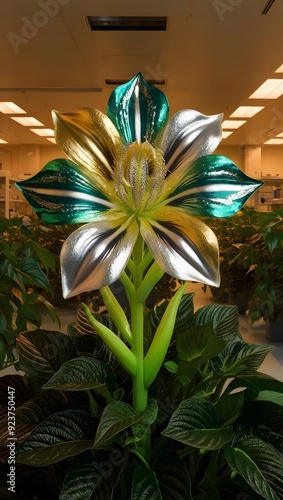 Genetically modified flower blooms with vibrant hues, intricate patterns, rich colors, and warm artificial lighting.