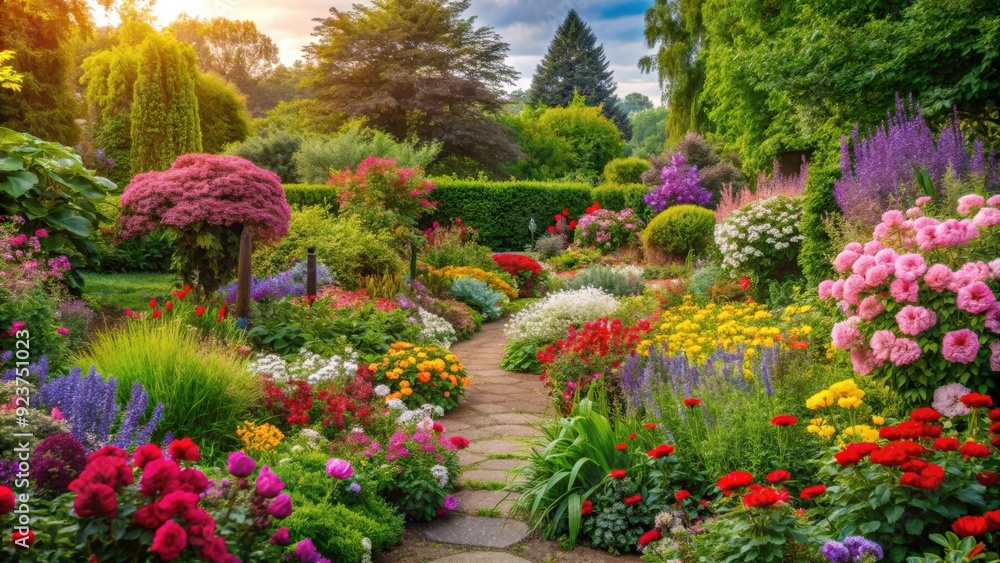 Fototapeta premium Lush garden filled with vibrant flowers and blooming plants, floral, colorful, beauty, flora, nature, garden, botanical