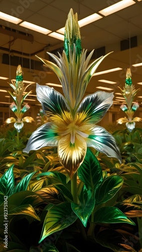 Genetically modified flower blooms with vibrant hues, intricate patterns, rich colors, and warm artificial lighting.