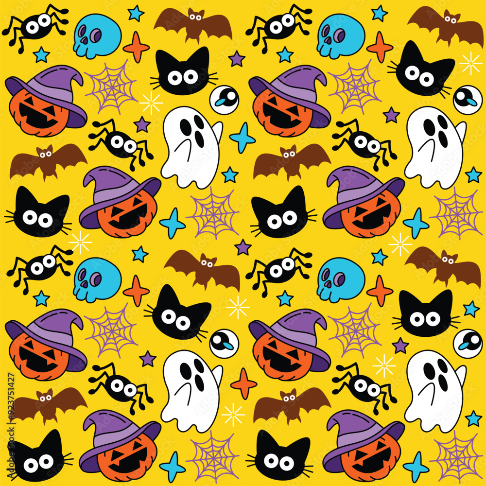 Halloween vector seamless pattern with ghost, skull, pumpkin, spider and cat Halloween vector seamless pattern with ghost, skull, pumpkin, spider and cat