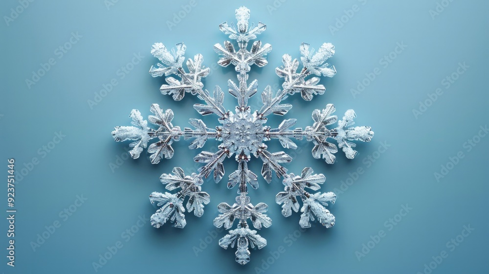Illustration of a 3D render of a single snowflake with intricate details, set against a light blue background. Illustration of a 3D render of a single snowflake with intricate details, set against a light blue background.