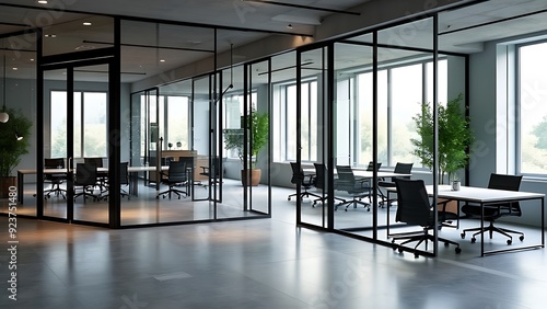 Modern office space with glass partitions, sleek furniture, and green plants enhancing corporate ambiance. Ideal for business, productivity, and professional environments.